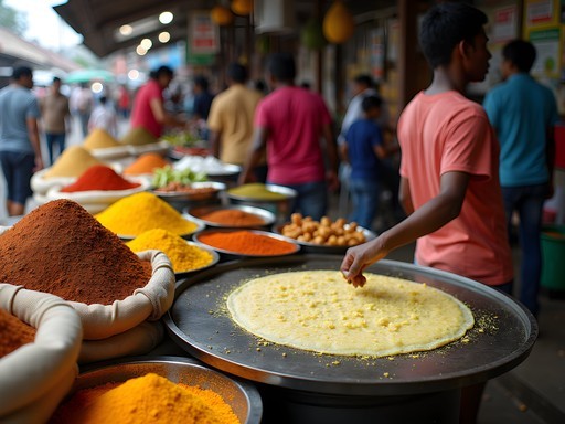 Vibrant street food market in Pettah with colorful spices and local dishes