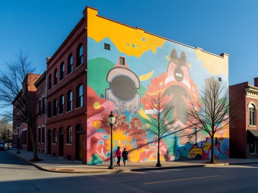 Vibrant street art mural in Columbia's arts district with pedestrians