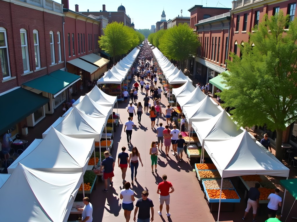 Bustling Soda City Market on Main Street with local vendors and shoppers