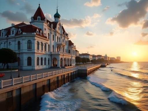 Historic Constanta Casino at sunrise with golden light on Black Sea