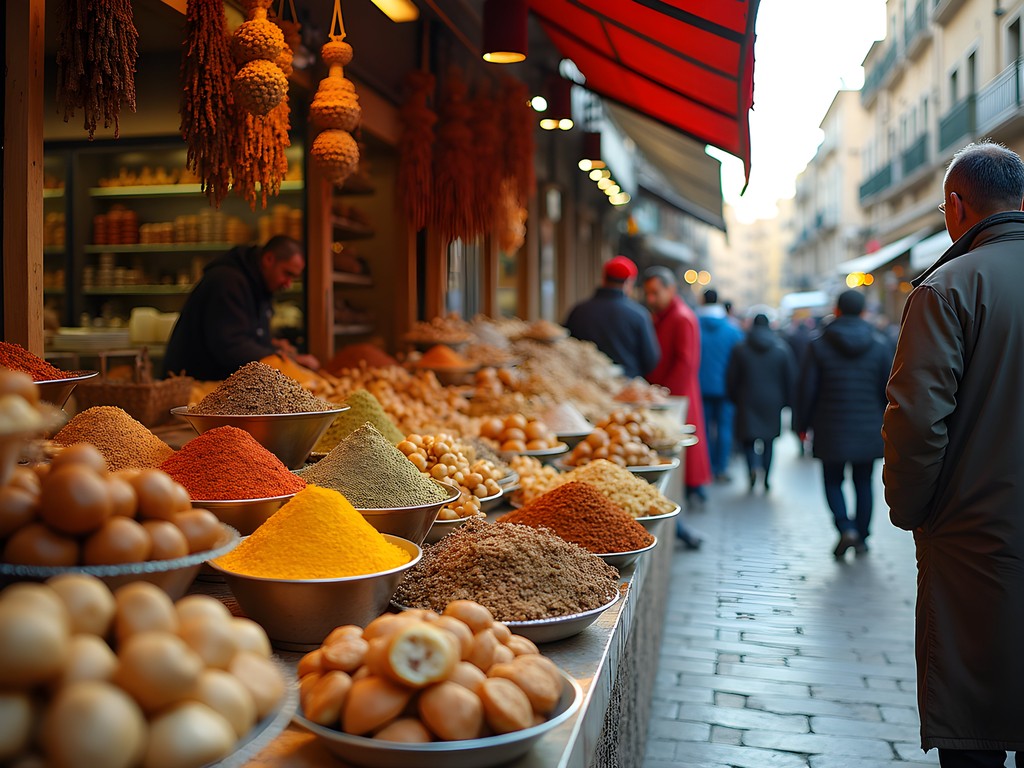 Colorful street food stalls in Constantine's old market with traditional Algerian dishes