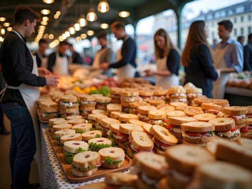 Colorful food stalls at Torvehallerne Market in Copenhagen with affordable local cuisine