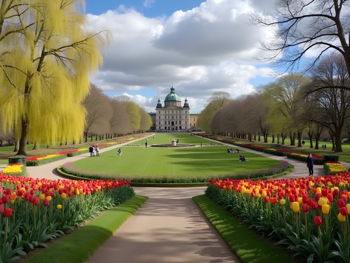 Spring blooms and historic architecture in King's Garden (Kongens Have) in Copenhagen