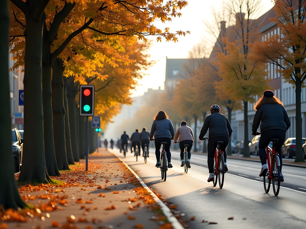 Bicycle lane in Copenhagen during autumn with cyclists and colorful trees