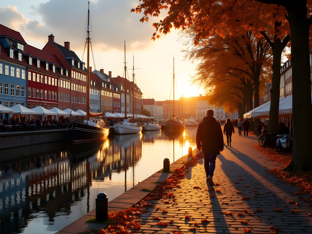 Peaceful sunset at Nyhavn harbor with colorful buildings reflected in water