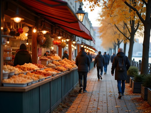 Colorful food stalls at Copenhagen street food market in autumn