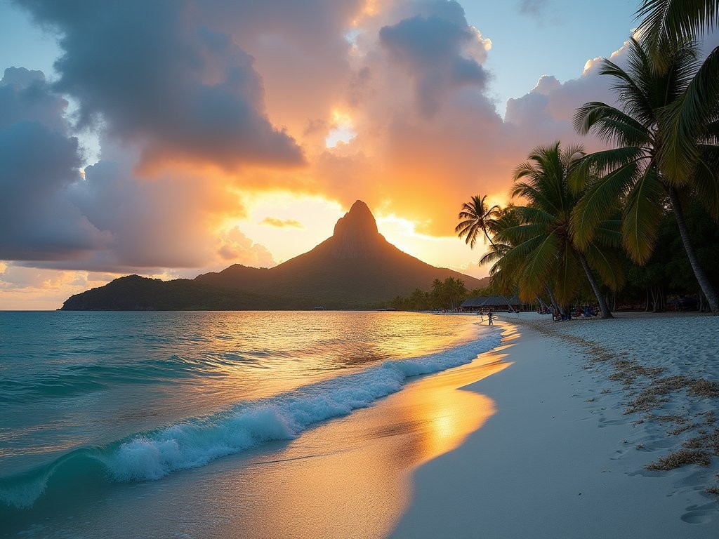 Couple watching sunset from Matira Beach in Bora Bora with Mount Otemanu in background