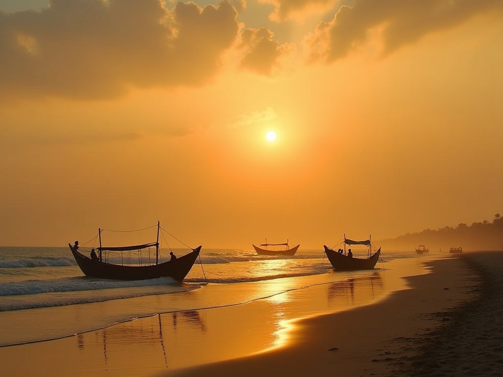 Sunrise over Cox's Bazar beach with fishing boats in silhouette
