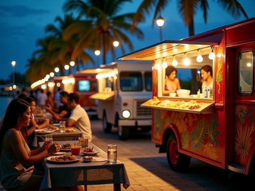 Colorful food trucks (roulottes) at Papeete's night market with locals and tourists dining