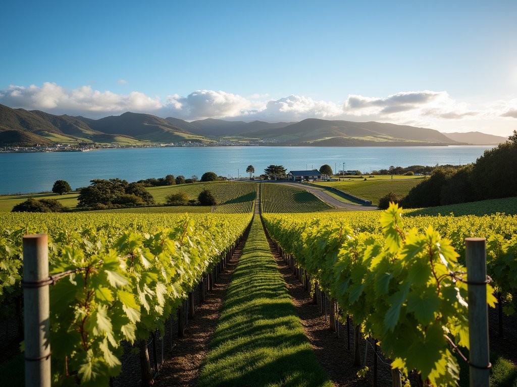 Couple enjoying panoramic view of Waiheke Island vineyards and Hauraki Gulf