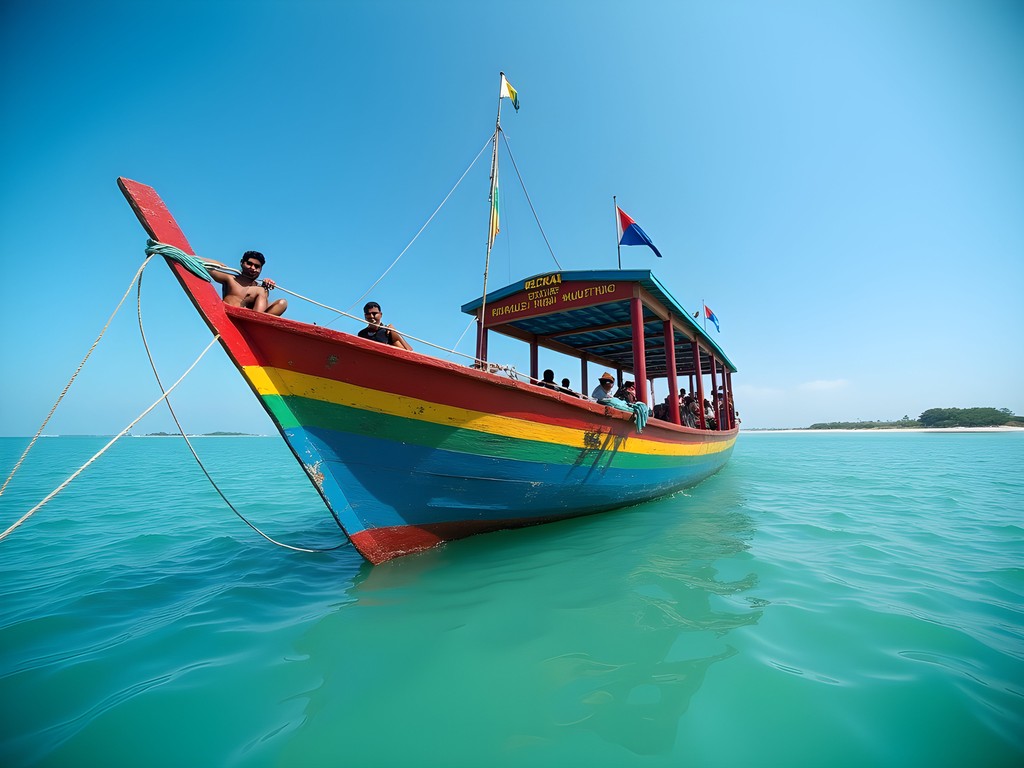Traditional wooden boat heading to Coral Island (Chhera Dwip) from Cox's Bazar with turquoise waters