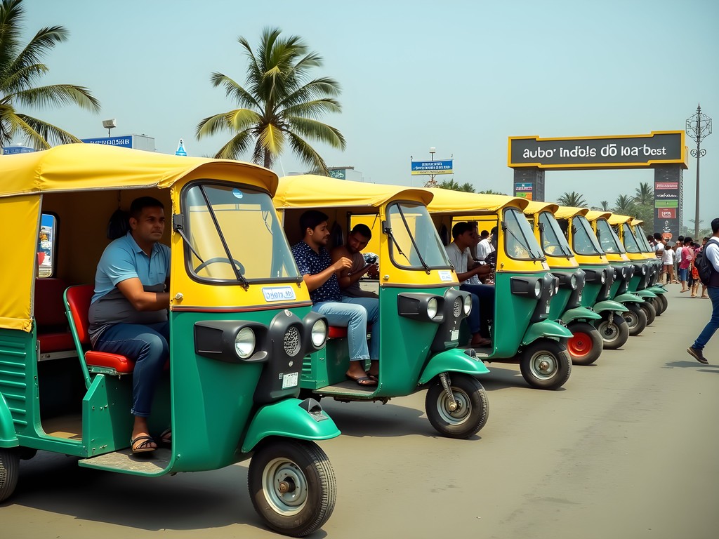 Colorful auto-rickshaws (tuk-tuks) lined up at Cox's Bazar beach entrance