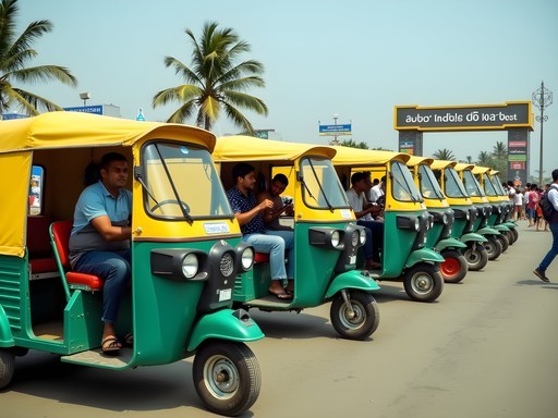 Colorful auto-rickshaws (tuk-tuks) lined up at Cox's Bazar beach entrance