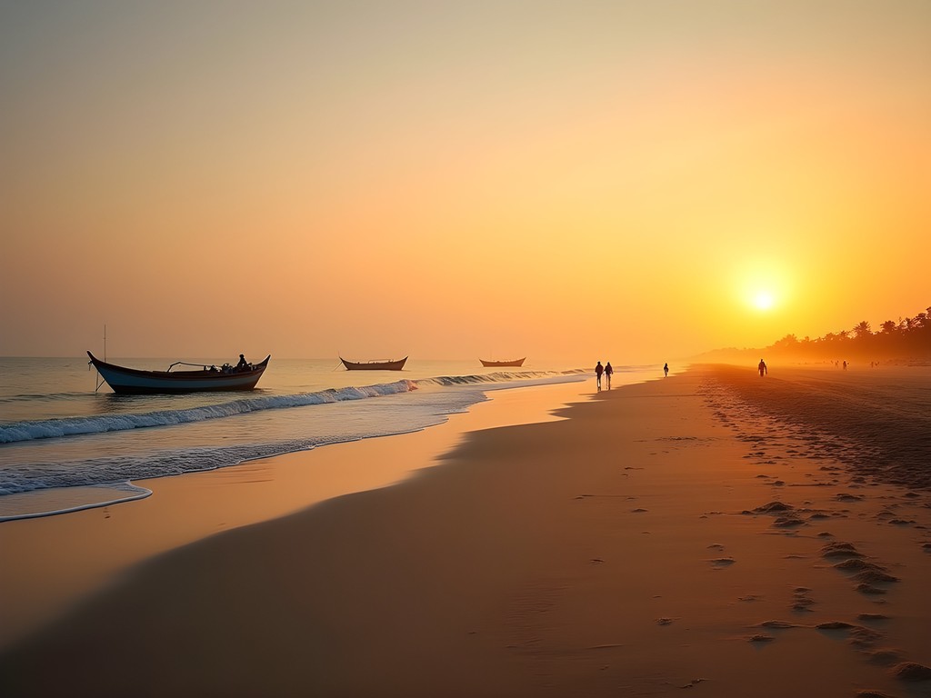 Sunrise over the expansive beach at Cox's Bazar with fishing boats in the distance