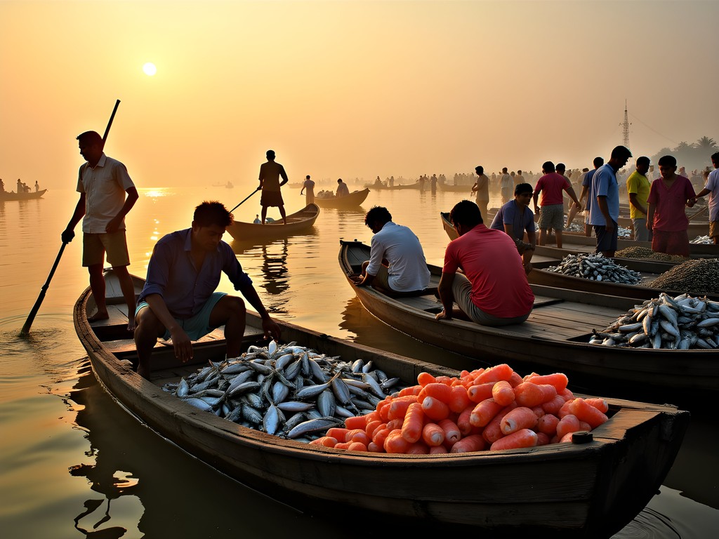 Vibrant dawn fish market in Cox's Bazar with fishermen selling their overnight catch