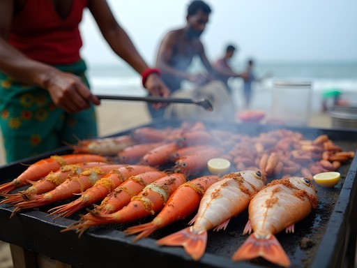 Fresh seafood being grilled at a local food stall on Cox's Bazar beach