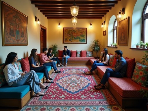 Colorful budget hostel common area in Delhi with young travelers