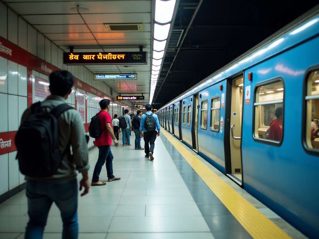 Busy Delhi Metro station with colorful trains and diverse commuters