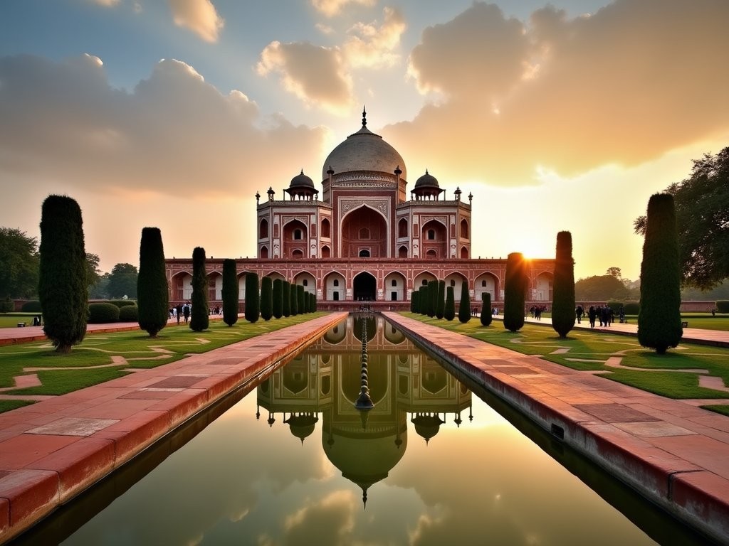 Humayun's Tomb at sunrise with perfect reflection in water channels and few tourists