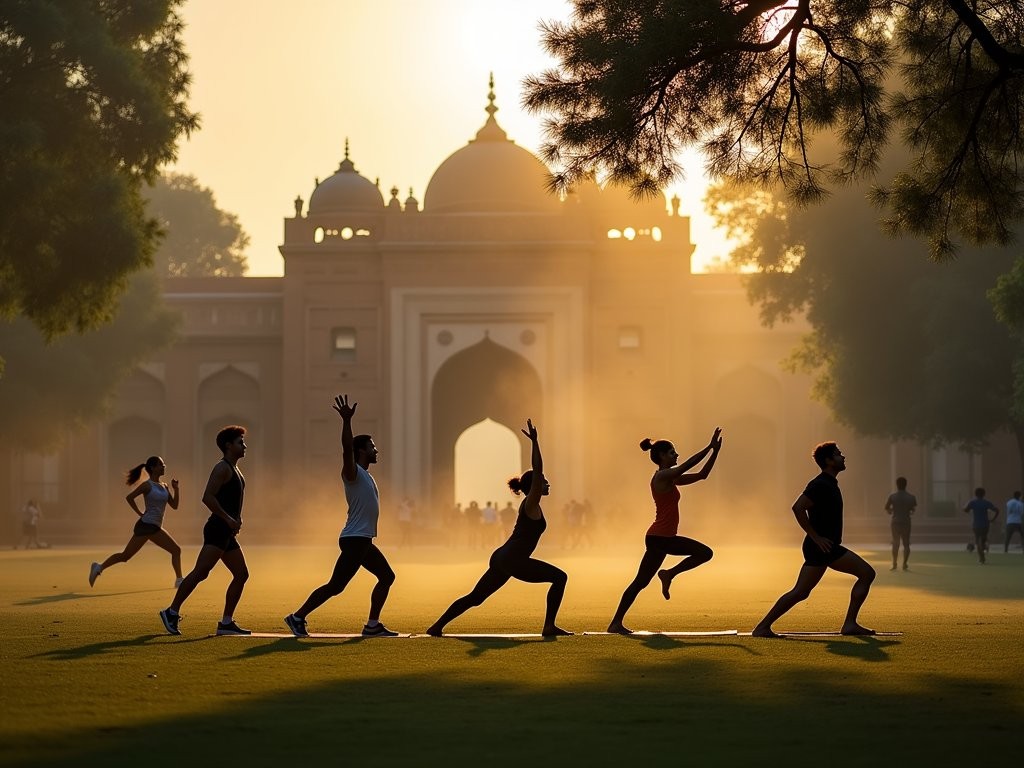Morning yoga practice in Lodhi Gardens with historic tombs in background and locals exercising