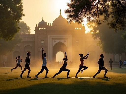 Morning yoga practice in Lodhi Gardens with historic tombs in background and locals exercising