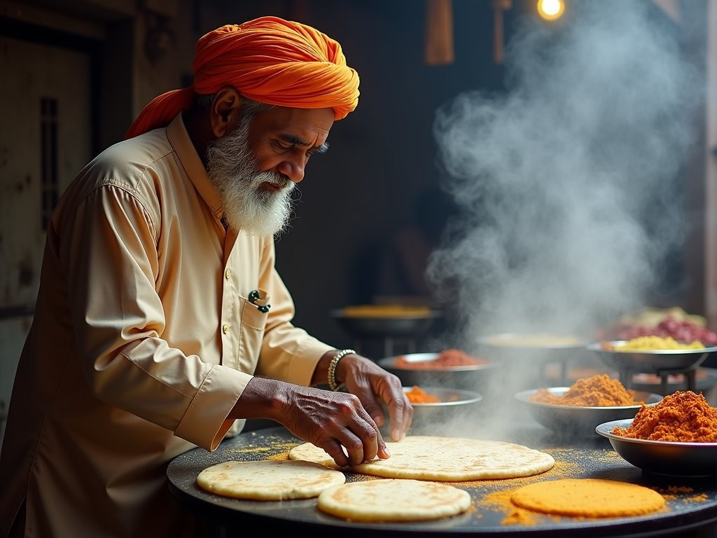 Traditional street food vendor in Old Delhi preparing paratha with colorful spices