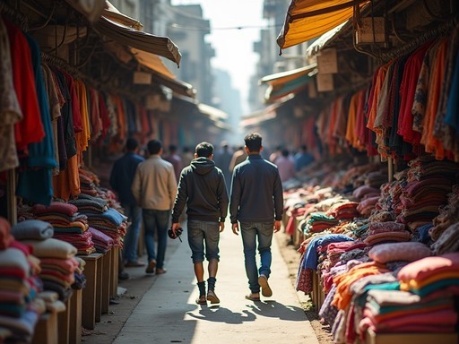 Bustling Sarojini Nagar Market in Delhi with colorful clothing stalls and shoppers hunting for bargains