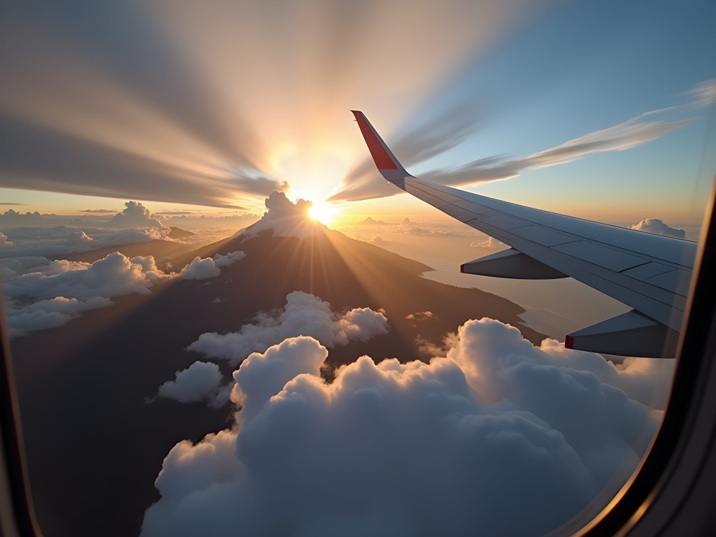 View from airplane window showing mountains and clouds during transcontinental flight