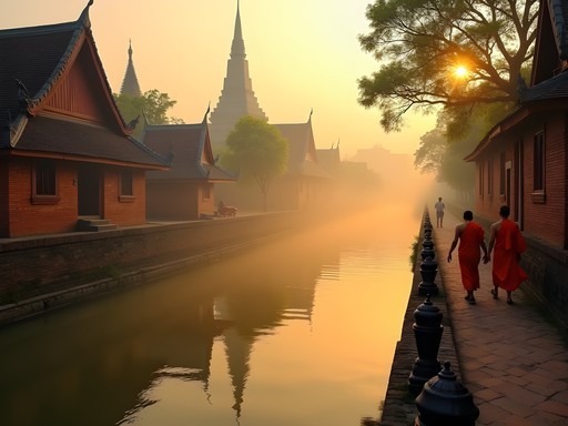 Man running past ancient temple walls in Chiang Mai's old city at sunrise