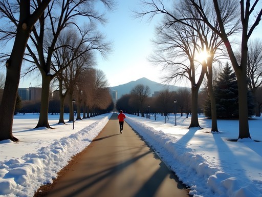 Runner on snow-dusted path in Washington Park with Denver skyline in background