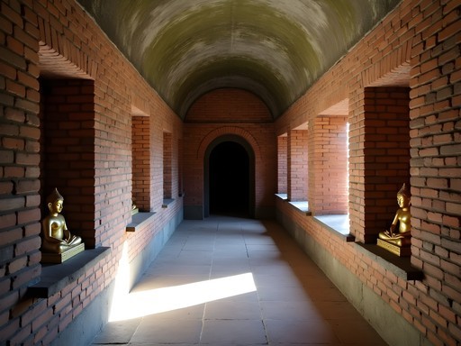 Ancient brick meditation tunnels at Wat Umong temple in Chiang Mai with Buddhist statues and offerings