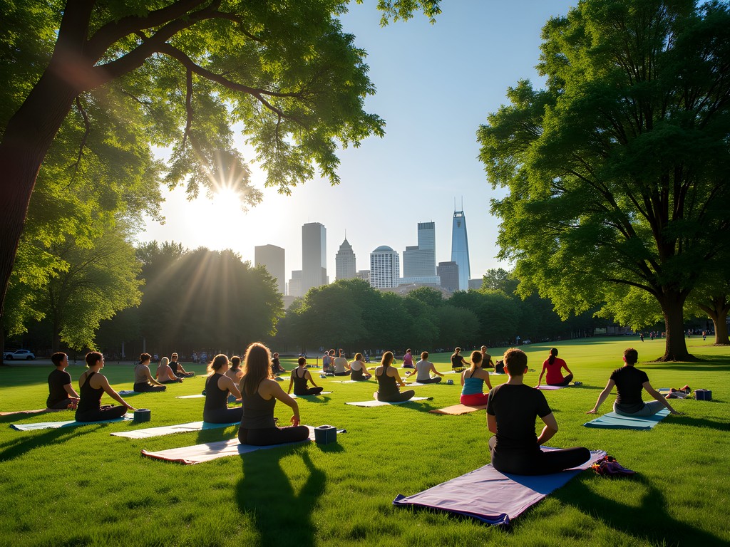 Morning yoga session in Denver's Cheesman Park with participants on mats