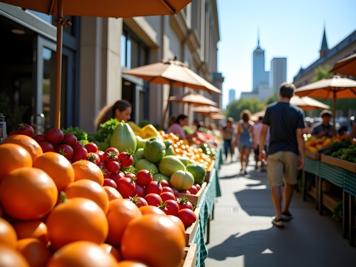 Weekend farmers market outside Denver's Union Station with local produce and shoppers