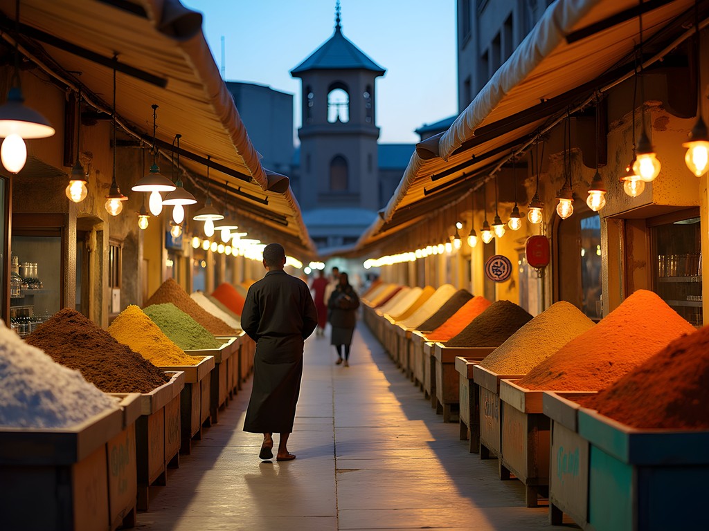 Djibouti Central Market at dusk with colorful spice displays and evening vendors setting up