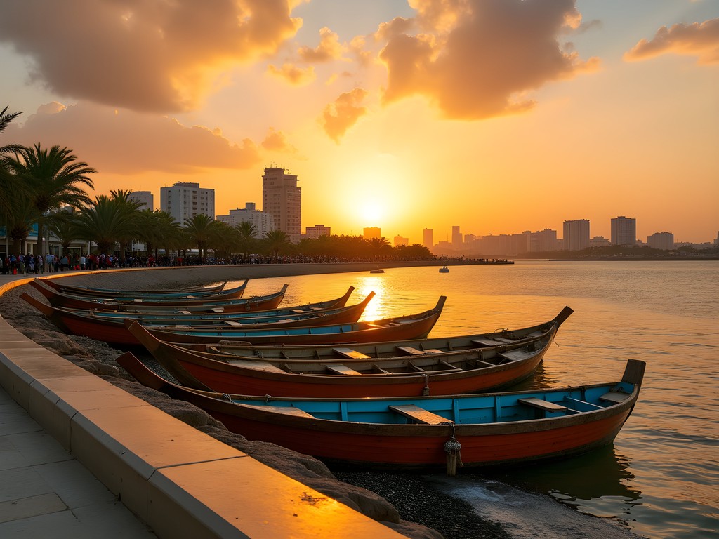 Sunset view of fishing boats and locals strolling along Les Corniches waterfront in Djibouti City