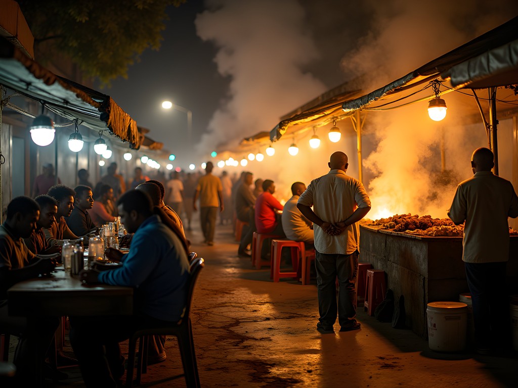 Vibrant food stalls at Djibouti night market with grills smoking and colorful lights illuminating diverse crowd