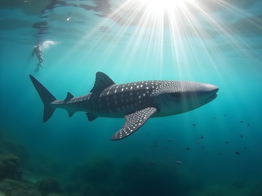 Snorkeler swimming with massive whale shark in clear turquoise waters of Gulf of Tadjoura, Djibouti