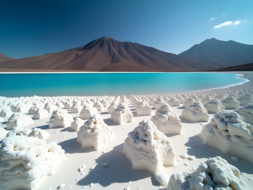 White salt crystals formations along the shore of Lac Assal with turquoise waters and volcanic landscape