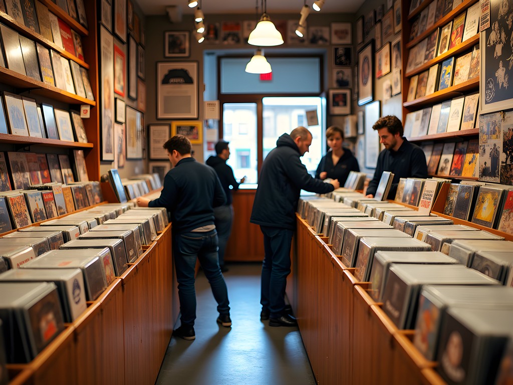 Interior of Dublin record shop with vinyl browsing bins and music memorabilia