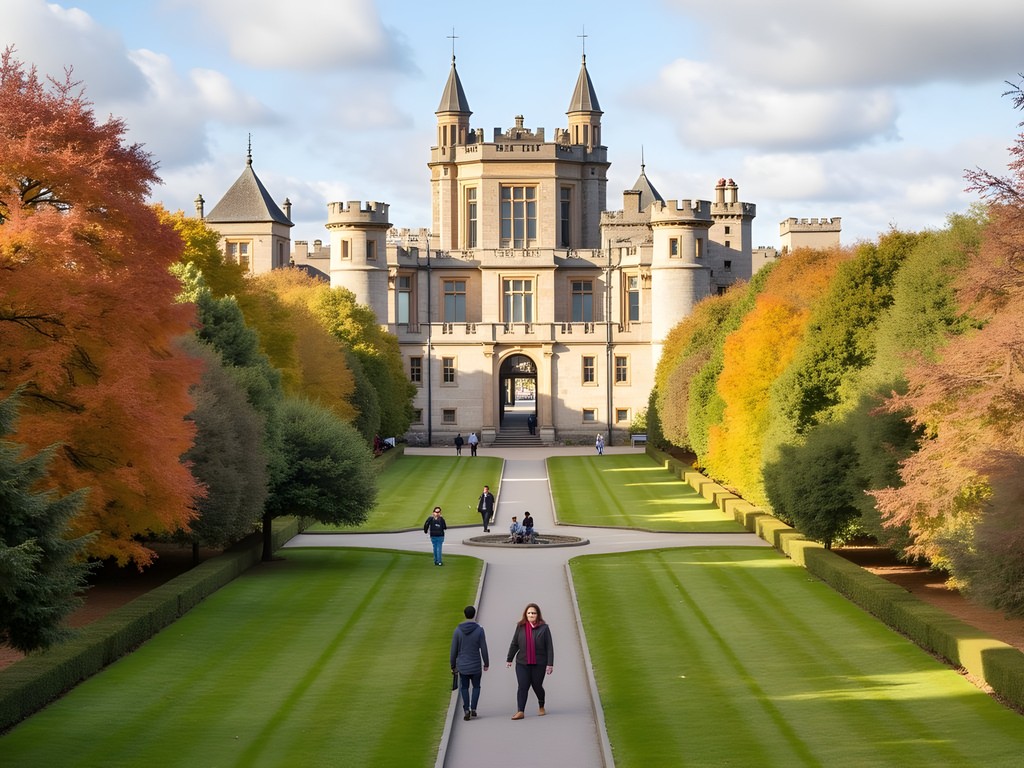 Dublin Castle gardens in fall with colorful foliage and historic architecture
