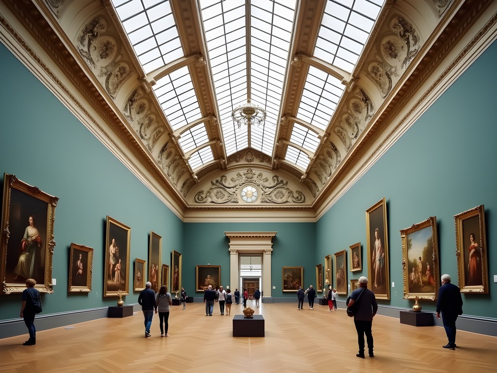 National Gallery of Ireland's grand interior with paintings and visitors