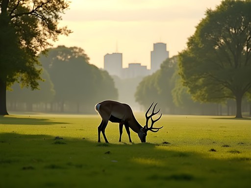 Wild fallow deer grazing in Phoenix Park with Dublin skyline in background