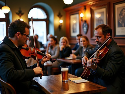 Traditional Irish music session in a Dublin pub with musicians playing instruments