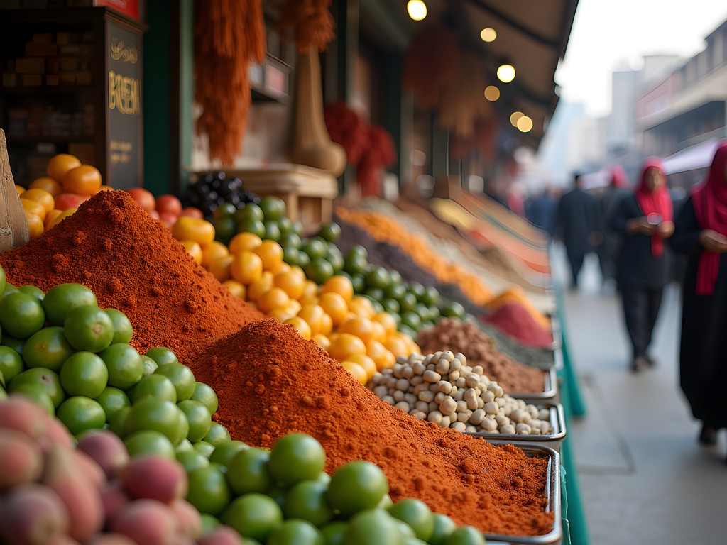 Colorful food stalls at Dushanbe's Green Bazaar with local vendors and produce