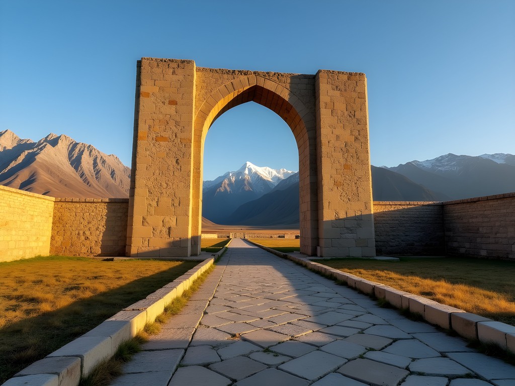 Hisor Fortress ancient gateway with mountains in background near Dushanbe
