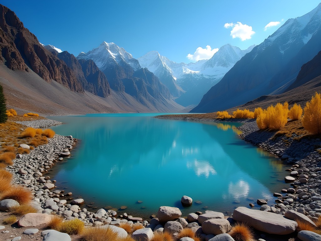 Scenic view of one of the Seven Lakes in Tajikistan's Fan Mountains with turquoise water