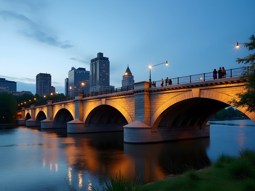Stone Arch Bridge in Minneapolis with city skyline and budget travelers