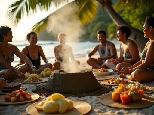 Traditional Marshallese community feast with earth oven cooking