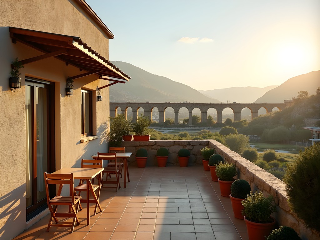 Budget guesthouse rooftop view of Selçuk with Byzantine aqueduct visible