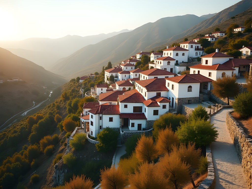 Hillside view of Şirince village with traditional white houses and terracotta roofs